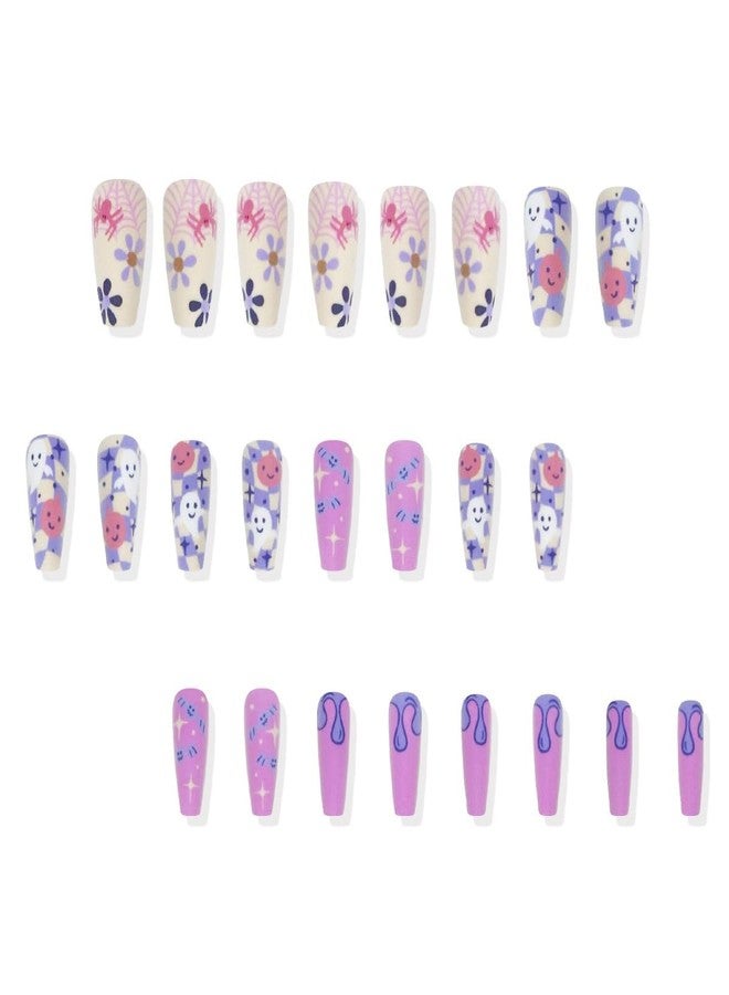 HJKDSFD Halloween Cute Press on Nails Coffin Shaped Fake Nails Purple Matte Glue on Nail with Ghost Flower Designs Medium Length False Nails Full Cover Stick on Nail for Women Girls 24Pcs - Image 4