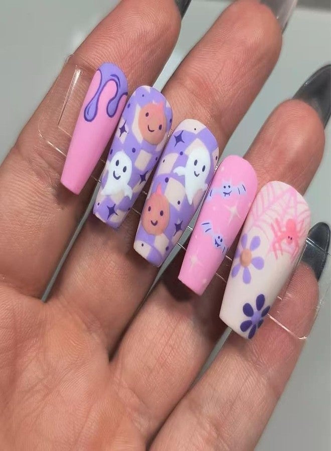 HJKDSFD Halloween Cute Press on Nails Coffin Shaped Fake Nails Purple Matte Glue on Nail with Ghost Flower Designs Medium Length False Nails Full Cover Stick on Nail for Women Girls 24Pcs - Image 1
