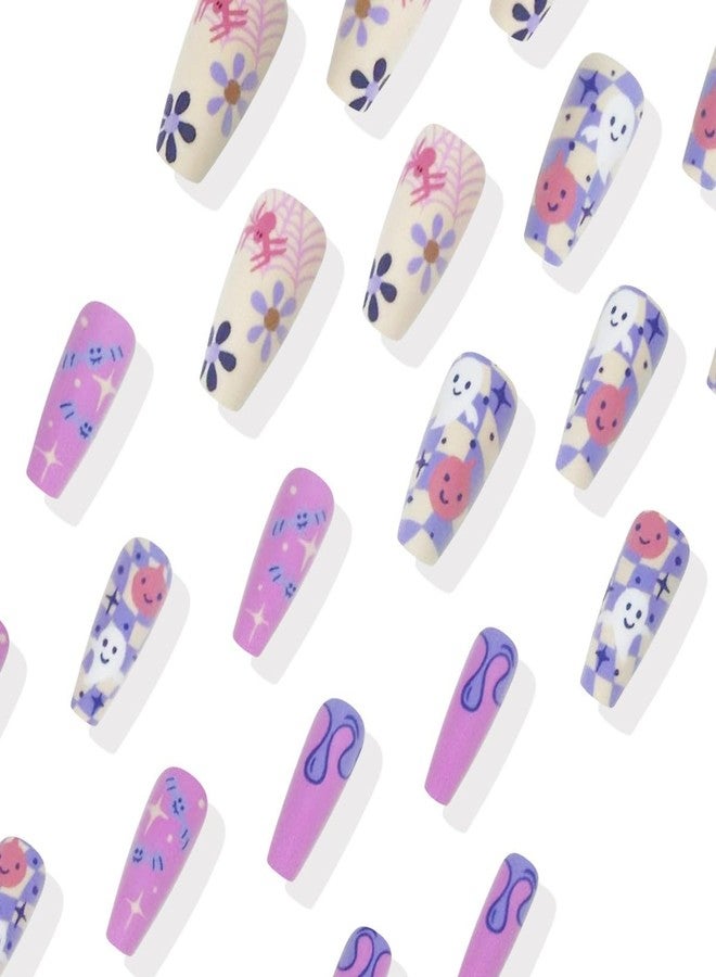 HJKDSFD Halloween Cute Press on Nails Coffin Shaped Fake Nails Purple Matte Glue on Nail with Ghost Flower Designs Medium Length False Nails Full Cover Stick on Nail for Women Girls 24Pcs - Image 3