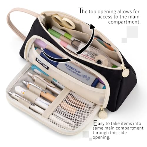 EASTHILL Pencil Case Large Capacity Pencil Pouch School Suppies Pen Case Stationery College Office Organizer for Girls Adults-Black - Image 2