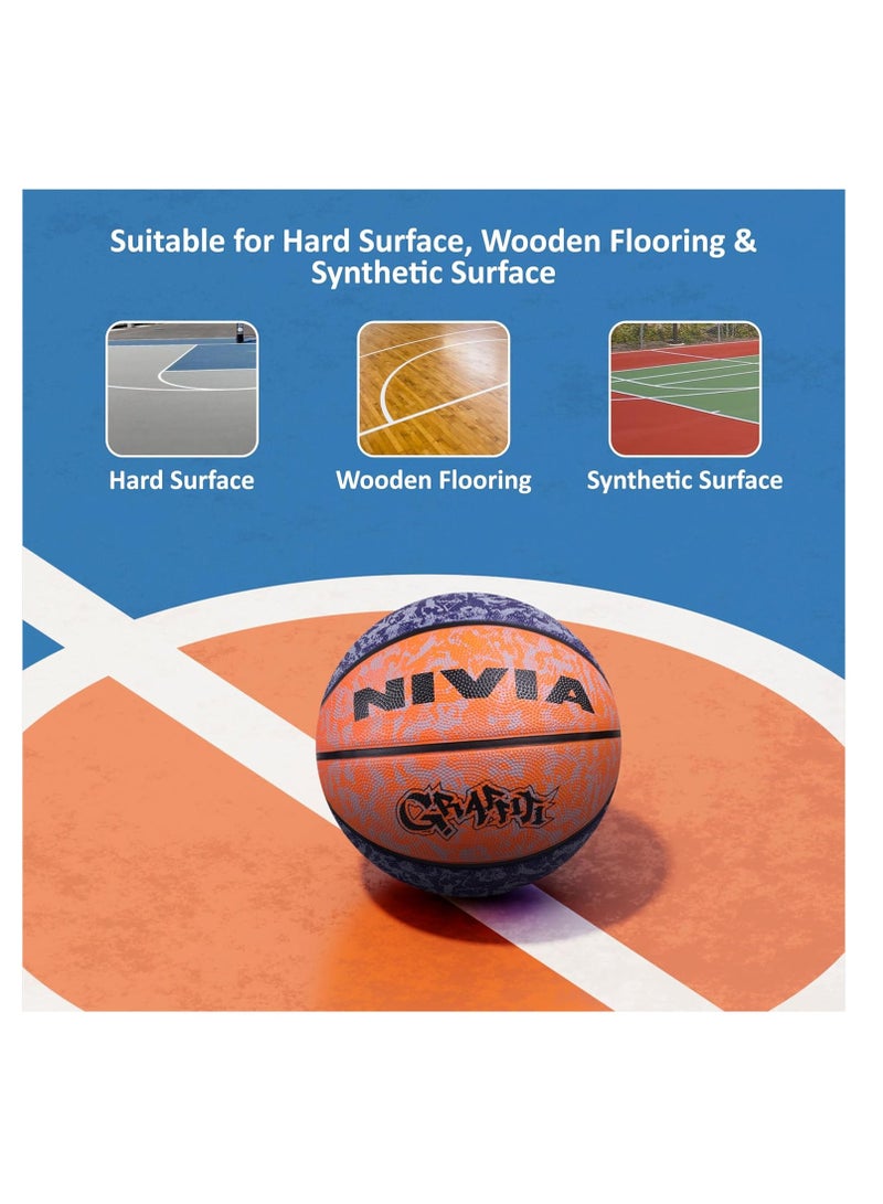 Nivia Graffiti Moulded Basketball | Size: 7 | Material: Rubber | Suitable for Hard Surface | Ideal for Intermediate, Training, Competition | Machine Stitched | Butyl Bladders - Image 4