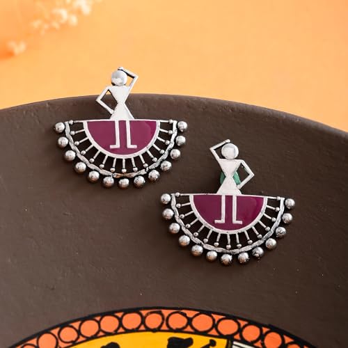 Voylla Warli Show Me Your Thumka Oxidised Stud Earrings for Women Enamel Ethnic Earrings Womens Day Gift for Her Tribal Inspired Statement Studs - Image 2