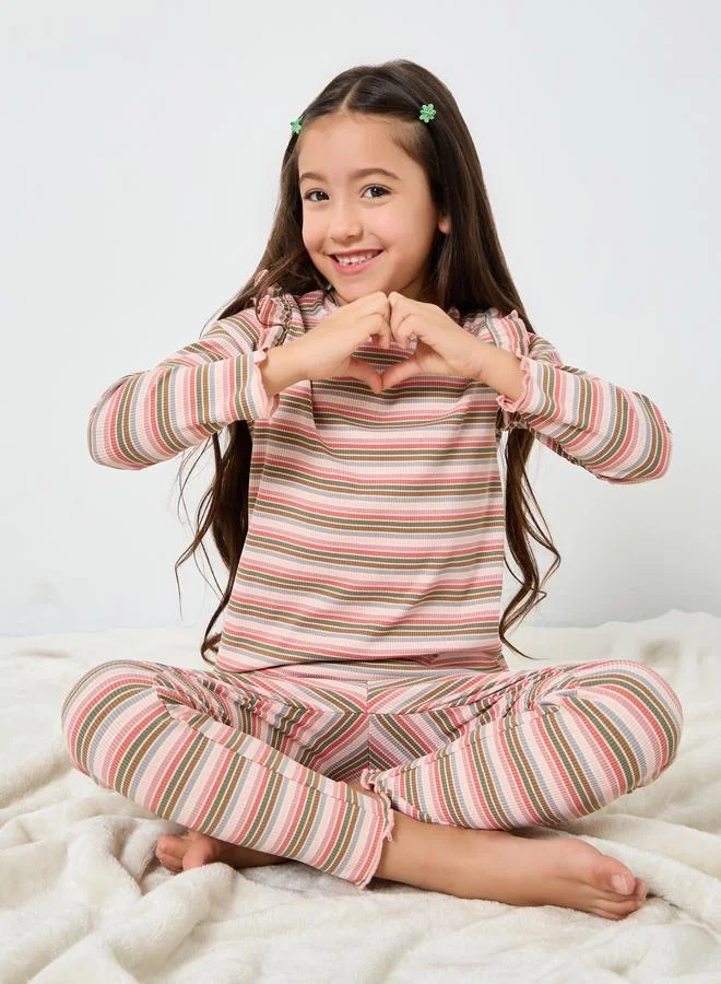 Styli Styli Girls Striped Ribbed Top and Pyjama Set