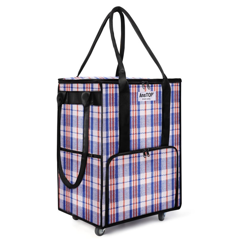 AnsTOP Reusable Grocery Bag on Wheels, 66LBS Foldable Shopping Cart with 5 Smooth Caster Wheels Zippered Top, Rolling Tote with Multiple Pockets for Groceries, Laundry, Travel, Camping,Medium,Colorful - Image 1