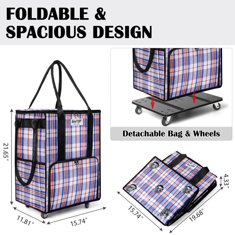 AnsTOP Reusable Grocery Bag on Wheels, 66LBS Foldable Shopping Cart with 5 Smooth Caster Wheels Zippered Top, Rolling Tote with Multiple Pockets for Groceries, Laundry, Travel, Camping,Medium,Colorful - Image 3