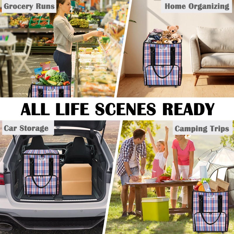 AnsTOP Reusable Grocery Bag on Wheels, 66LBS Foldable Shopping Cart with 5 Smooth Caster Wheels Zippered Top, Rolling Tote with Multiple Pockets for Groceries, Laundry, Travel, Camping,Medium,Colorful - Image 4