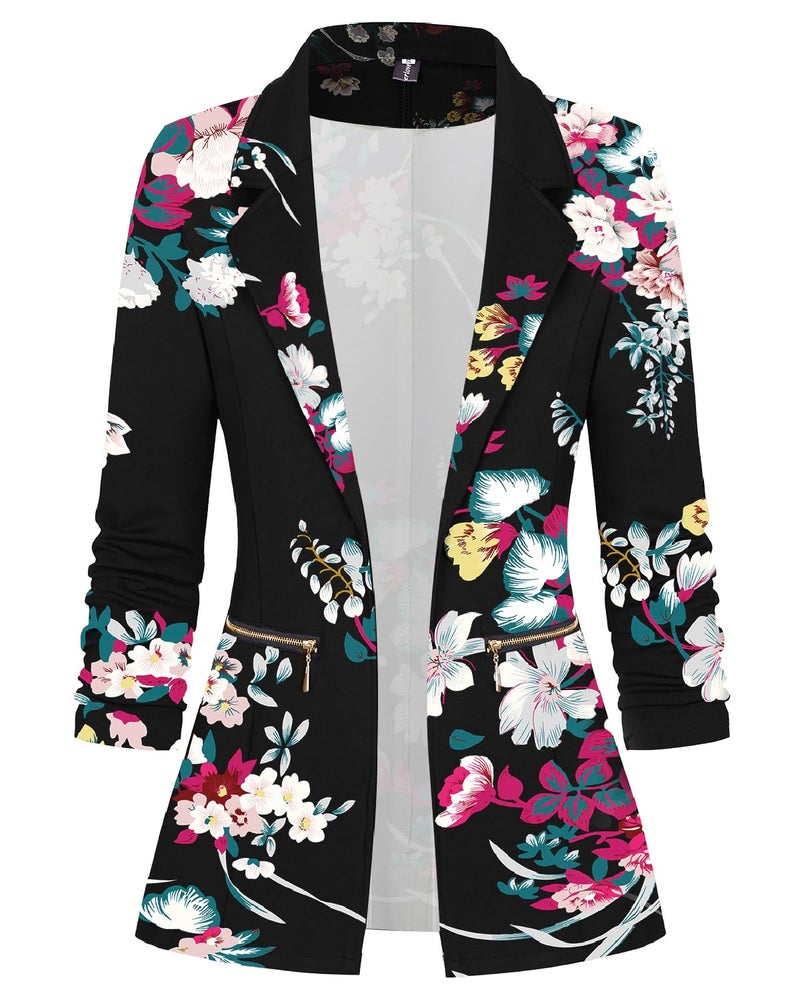 Genhoo Blazers for Women Summer Long Sleeve Lightweight Floral Casual Knit Jacket Blazers Black with Pockets M - Image 1