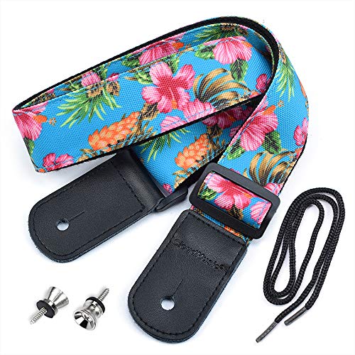 CLOUDMUSIC Ukulele Strap Tenor Concert Soprano Baritone Coloful Hawaii Floral Patterns For Adult Size Kids(Pink Hibiscus In Blue) - Image 1