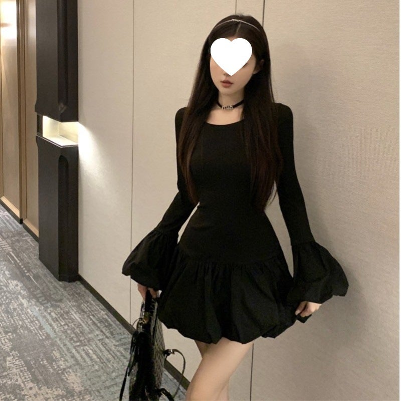 Black Trumpet Long-sleeved dress Womens Autumn and Winter New French Round Neck Slim-fit Tight Waist Slimming Bud Short Skirt XXXXXS - Image 4