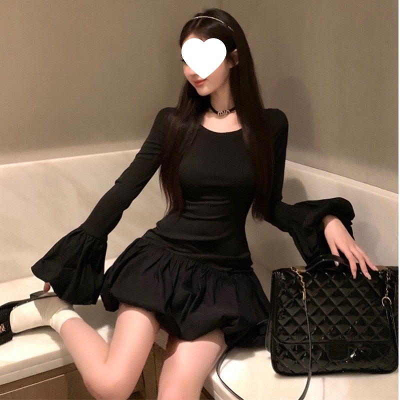 Black Trumpet Long-sleeved dress Womens Autumn and Winter New French Round Neck Slim-fit Tight Waist Slimming Bud Short Skirt XXXXXS - Image 2