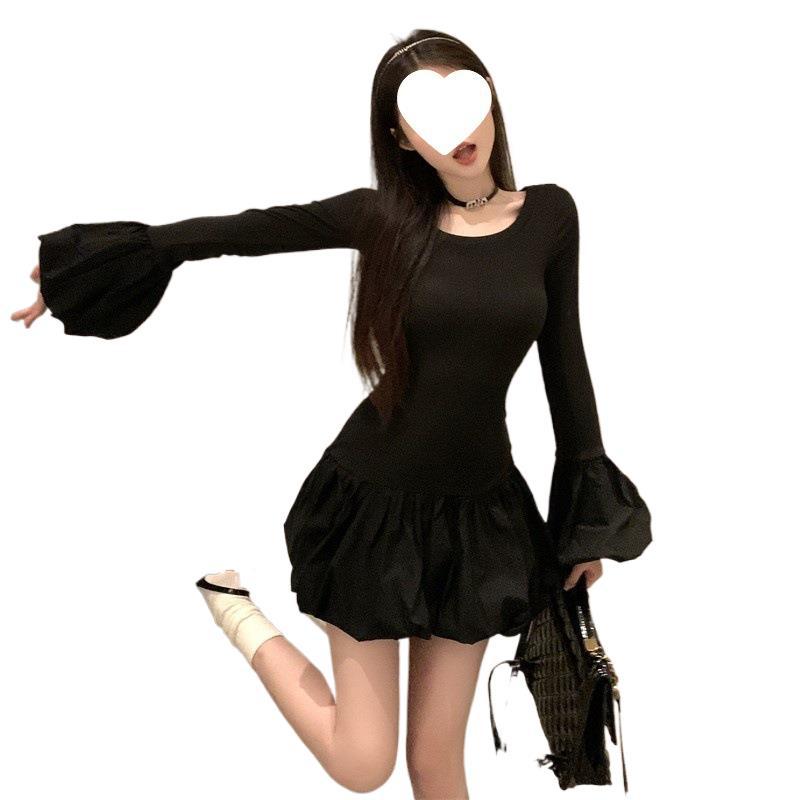 Black Trumpet Long-sleeved dress Womens Autumn and Winter New French Round Neck Slim-fit Tight Waist Slimming Bud Short Skirt XXXXXS - Image 5