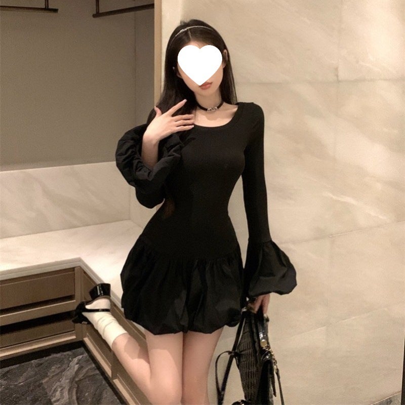 Black Trumpet Long-sleeved dress Womens Autumn and Winter New French Round Neck Slim-fit Tight Waist Slimming Bud Short Skirt XXXXXS - Image 3