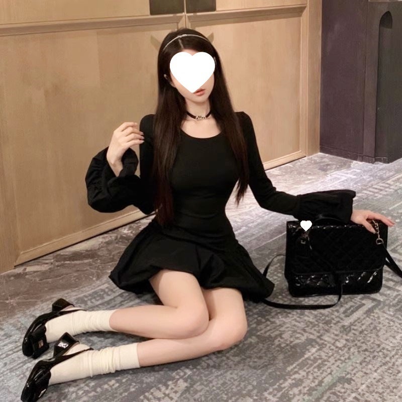 Black Trumpet Long-sleeved dress Womens Autumn and Winter New French Round Neck Slim-fit Tight Waist Slimming Bud Short Skirt XXXXXS - Image 1