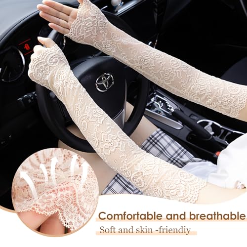 TecoKart® Arm Sleeves for Women, Lace Floral Elastic Hand Cover Long Lace Breathable UV Protection Arm Sleeves for Women Daily Use Driving Bridal Prom Dressy Gloves - Image 5