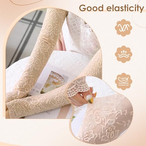 TecoKart® Arm Sleeves for Women, Lace Floral Elastic Hand Cover Long Lace Breathable UV Protection Arm Sleeves for Women Daily Use Driving Bridal Prom Dressy Gloves - Image 3