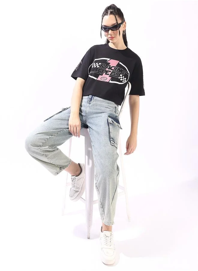 HIGH STAR Women's Black 100% Cotton Printed Boxy Fit T-Shirt
