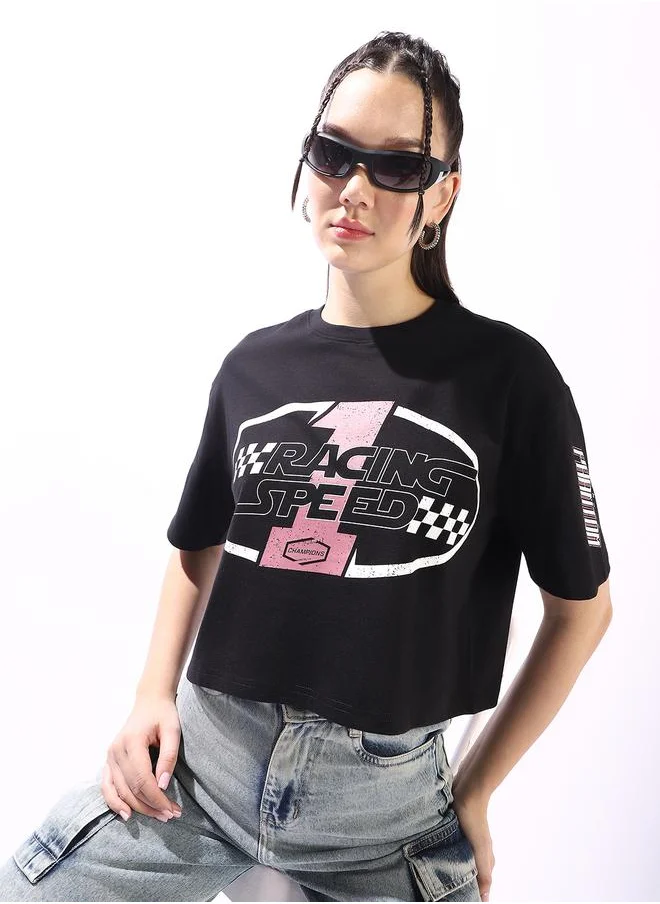 HIGH STAR Women's Black 100% Cotton Printed Boxy Fit T-Shirt