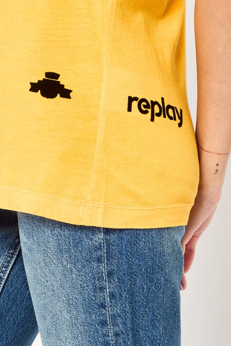 Replay Women Crew Neck Short Sleeves Brand Logo T-Shirt, Yellow - Image 3