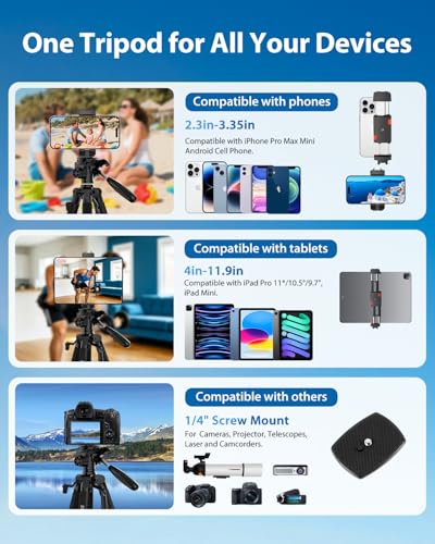 ZIKZOK 75" Camera Tripod, Aluminum Heavy Duty Camera Stand for ipad Phone, Travel Tripod with/Carry Bag/Phone Tablet Holder, Compatible with Canon Nikon Sony DSLR, Spotting Scopes, Max Load 15 Lb(Black) - Image 5