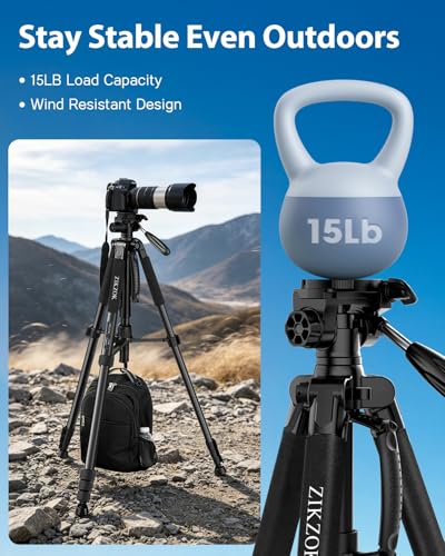 ZIKZOK 75" Camera Tripod, Aluminum Heavy Duty Camera Stand for ipad Phone, Travel Tripod with/Carry Bag/Phone Tablet Holder, Compatible with Canon Nikon Sony DSLR, Spotting Scopes, Max Load 15 Lb(Black) - Image 4