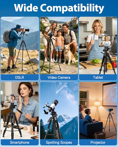 ZIKZOK 75" Camera Tripod, Aluminum Heavy Duty Camera Stand for ipad Phone, Travel Tripod with/Carry Bag/Phone Tablet Holder, Compatible with Canon Nikon Sony DSLR, Spotting Scopes, Max Load 15 Lb(Black) - Image 2