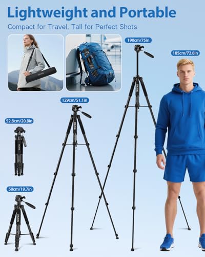 ZIKZOK 75" Camera Tripod, Aluminum Heavy Duty Camera Stand for ipad Phone, Travel Tripod with/Carry Bag/Phone Tablet Holder, Compatible with Canon Nikon Sony DSLR, Spotting Scopes, Max Load 15 Lb(Black) - Image 3