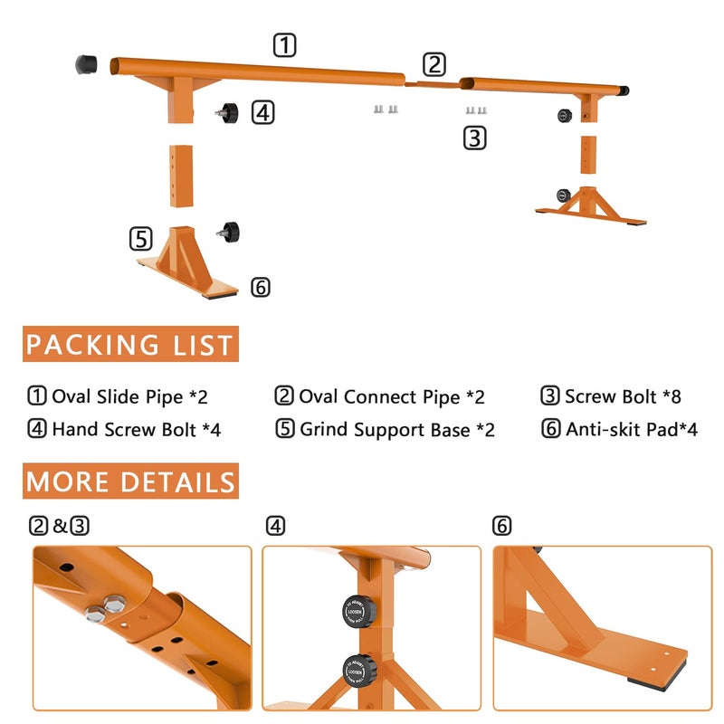 MR. MR Skate Rail Skateboard Ramp Grind Rail Professional Skatepark Grind Rail Adjustable Height Grind Rail for Skateboard Rail Tricks Practice, Round Bar Skate Grind Rail 71â€ for Beginners to Advanced - Image 5
