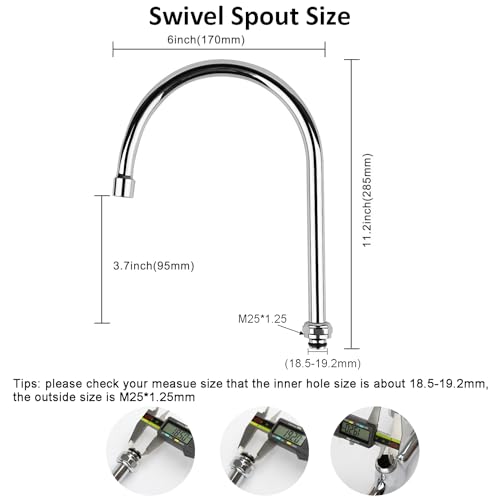 KWODE 6” Swivel Gooseneck Spout Replacement Kit for Commercial Kitchen Sink Faucet 360°Swing Spout with 2.2 GPM Nozzle Chrome(M25*1.25 Connector) - Image 2
