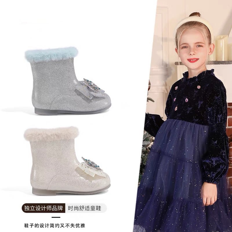 Canyze Girls Leather Boots Children'S Fashion Rhinestone Princess Boots Fleece-Lined Warm Fashion Boots - Image 2