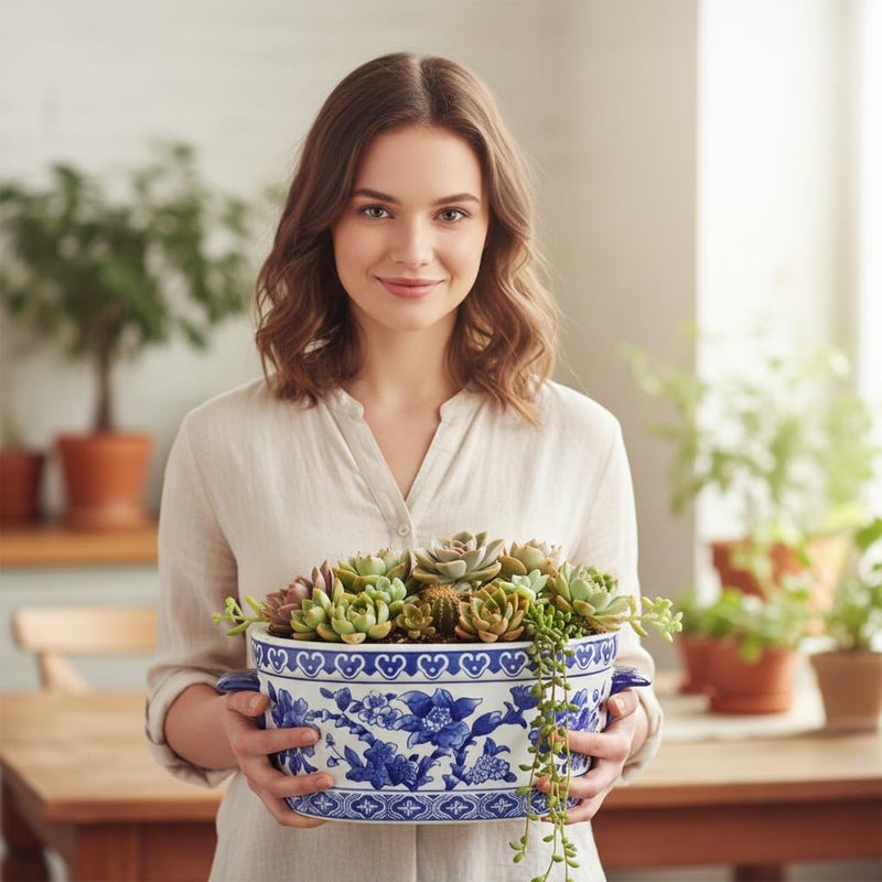 Arborus Blue and White Ceramic Planter Pot â€“ Vintage Floral Oval Cachepot Vase for Indoor Plants, Flowers & Succulents â€“ Glazed Chinese Porcelain Style Decorative Bowl â€“ 7.4" or 10.6" Size â€“ No Drainage - Image 4