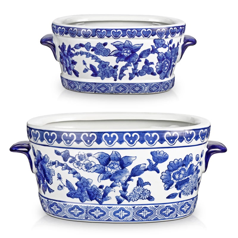 Arborus Blue and White Ceramic Planter Pot â€“ Vintage Floral Oval Cachepot Vase for Indoor Plants, Flowers & Succulents â€“ Glazed Chinese Porcelain Style Decorative Bowl â€“ 7.4" or 10.6" Size â€“ No Drainage - Image 1
