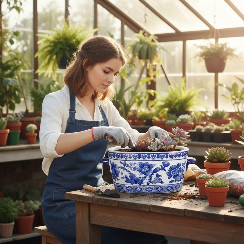 Arborus Blue and White Ceramic Planter Pot â€“ Vintage Floral Oval Cachepot Vase for Indoor Plants, Flowers & Succulents â€“ Glazed Chinese Porcelain Style Decorative Bowl â€“ 7.4" or 10.6" Size â€“ No Drainage - Image 5