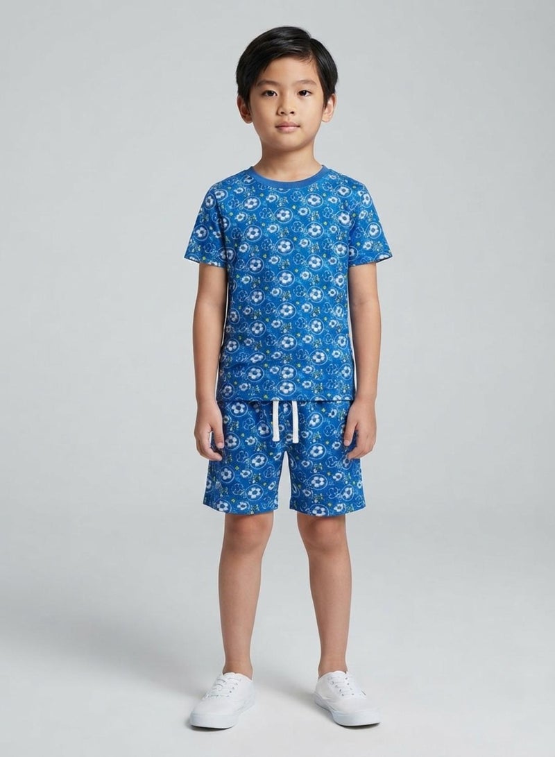 babyqlo Boys Blue Soccer Print T-Shirt and Shorts Co-ord Set - Image 1