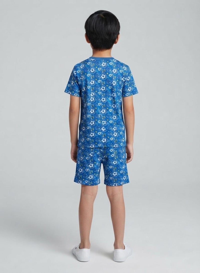 babyqlo Boys Blue Soccer Print T-Shirt and Shorts Co-ord Set - Image 2