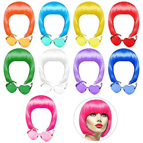 PLULON 9 Pcs Colorful Short Bob Wig and 9 Pcs Sunglass Set Neon Colored Wigs Cosplay Wigs Daily Party Hairpieces for Bachelorette Glow in The Dark Neon Party Favors Halloween Costume Supplies - Image 1