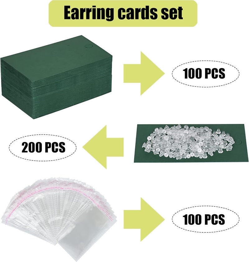 Twavang Earring Card Holder Set, 100Pcs Kraft Paper Earring Display Cards, 100 Pairs Clear Earring Backs with 100Pcs Self Adhesive Bags for Earrings Jewelry Display (Green, 3.5" x 2") - Image 3