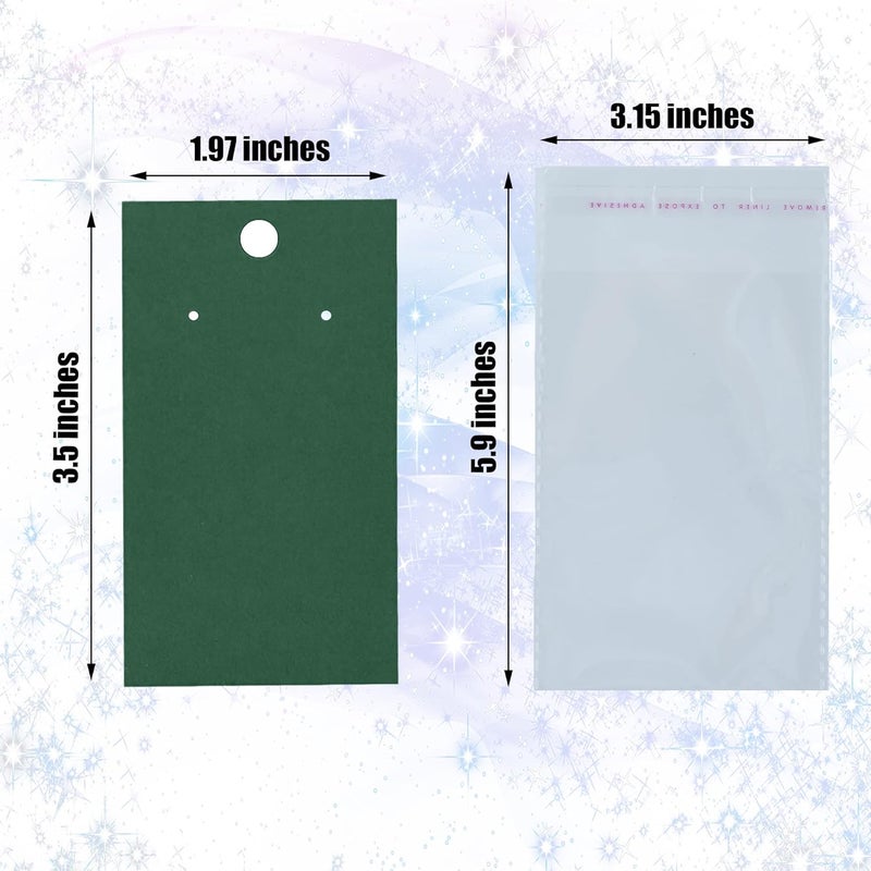 Twavang Earring Card Holder Set, 100Pcs Kraft Paper Earring Display Cards, 100 Pairs Clear Earring Backs with 100Pcs Self Adhesive Bags for Earrings Jewelry Display (Green, 3.5" x 2") - Image 2