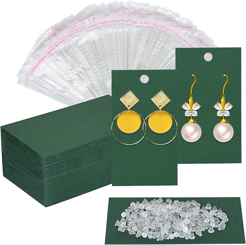 Twavang Earring Card Holder Set, 100Pcs Kraft Paper Earring Display Cards, 100 Pairs Clear Earring Backs with 100Pcs Self Adhesive Bags for Earrings Jewelry Display (Green, 3.5" x 2") - Image 1
