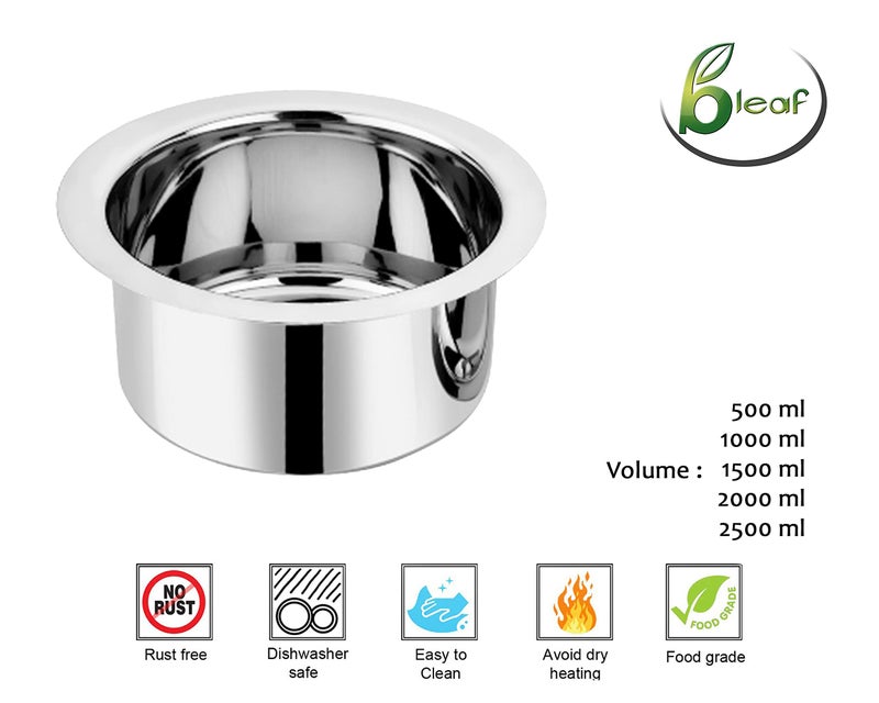 BLeaf Stainless Steel-Flat Bottom Tope with Lid/Heavy Guage Tope with Lid (Pack of 5) (0.5L, 1L, 1.5L, 2L, 2.5L) - Image 5