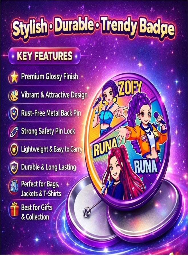 AMYCAUR Huntrix Cartoon Anime Theme Pin Badge Brooch For Kids - Cute Cartoon Safety Pin Badge For School, Backpack, T-Shirts & Return Gifts - School Giveway Item - Kanjak Gift (12 Pcs) - Image 3
