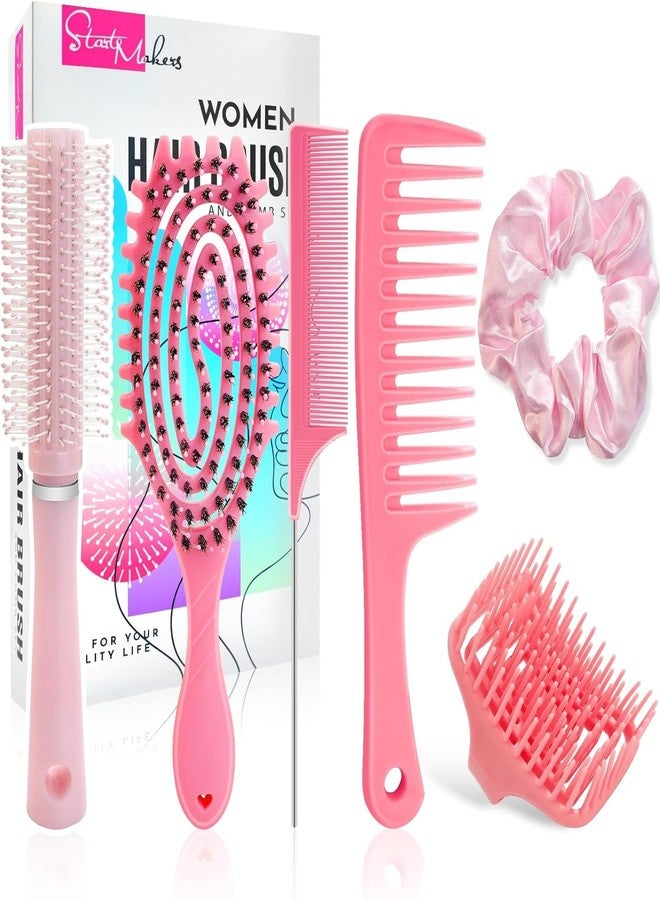 START MAKERS 6Pcs Hair Brush Set for Women Girls, Curl Defining Boar Bristle Detangling Hairbrush, Round Brush, Wide-Tooth Comb, Rat Tail Comb, Scalp Shampoo Brush for Curly Wet Dry Hair (Pink) - Image 1