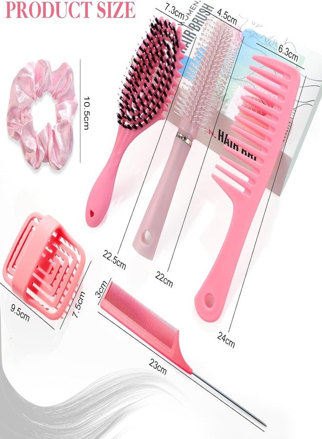 START MAKERS 6Pcs Hair Brush Set for Women Girls, Curl Defining Boar Bristle Detangling Hairbrush, Round Brush, Wide-Tooth Comb, Rat Tail Comb, Scalp Shampoo Brush for Curly Wet Dry Hair (Pink) - Image 5
