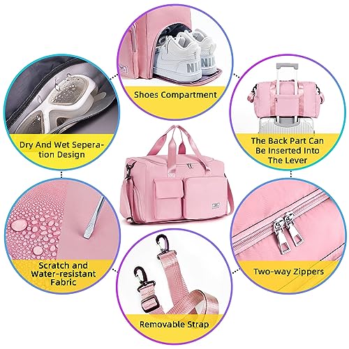 FIORETTO Women's Gym Duffle Bag with Shoes Compartment, 37L Capacity, Ideal for Travel, Gym, Sports, Duffel, Weekender, Pink - Image 5