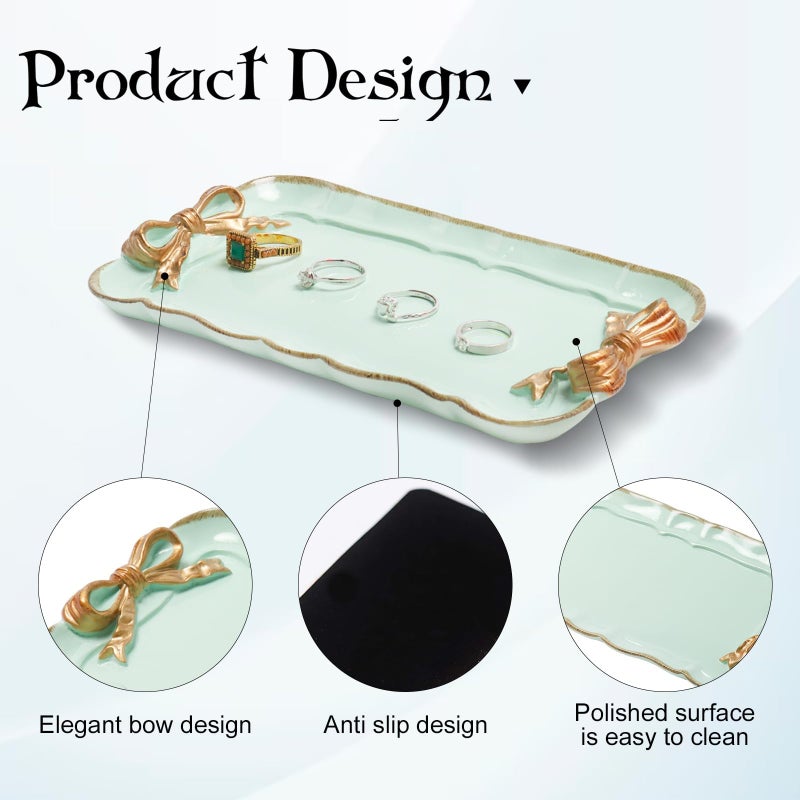 Warmtree Vintage Decorative Tray Jewelry Tray Towel Tray Storage Tray Rings Necklace Bracelets Earrings Trays Cosmetics Jewelry Organizer Retro Design Bow Decor Resin Plate Coquette Room Decor (Green) - Image 3