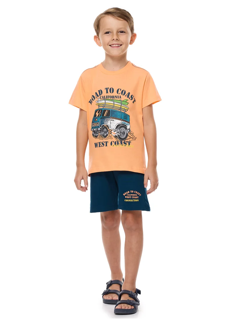 victor and jane Victor and Jane Cute Bus "ROAD TO COAST" Set T-Shirt & Pull-On Shorts - Coral & Blue