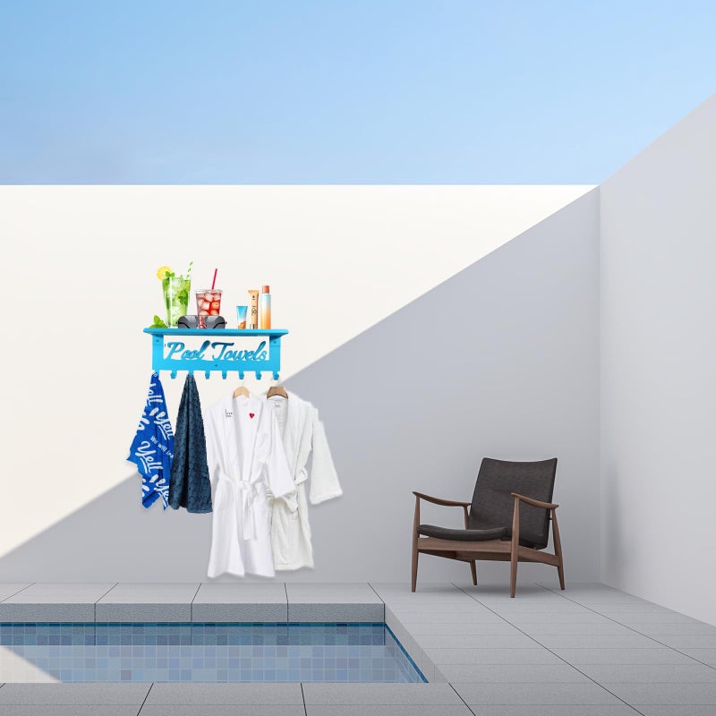 Topspeeder Blue Outdoor Pool Towel Rack with Shelf Pool Decor Wall Hooks Towel Holder Carbon Steel Hanger Organizer Pool Accessories for Hanging Towels, Robes, Clothes, Swimming Suit, Bags, Keys - Image 5