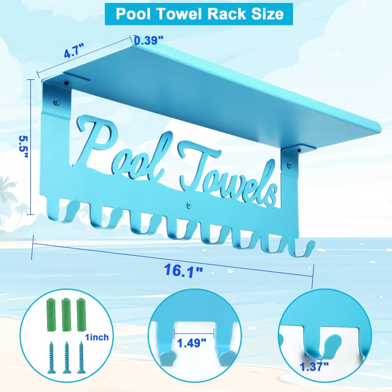 Topspeeder Blue Outdoor Pool Towel Rack with Shelf Pool Decor Wall Hooks Towel Holder Carbon Steel Hanger Organizer Pool Accessories for Hanging Towels, Robes, Clothes, Swimming Suit, Bags, Keys - Image 2