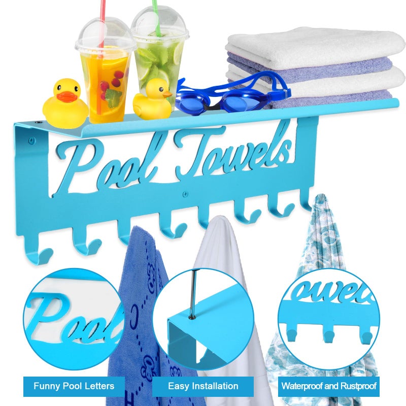 Topspeeder Blue Outdoor Pool Towel Rack with Shelf Pool Decor Wall Hooks Towel Holder Carbon Steel Hanger Organizer Pool Accessories for Hanging Towels, Robes, Clothes, Swimming Suit, Bags, Keys - Image 3