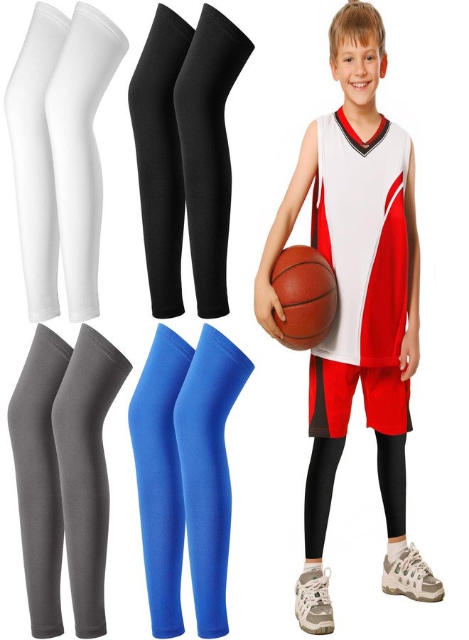 Cptoion 4 Pairs Kids Long Compression Leg Sleeves - Non Slip UV Protection Full Length Sleeves for Boys & Girls (Black, White, Blue, Grey) - Image 1