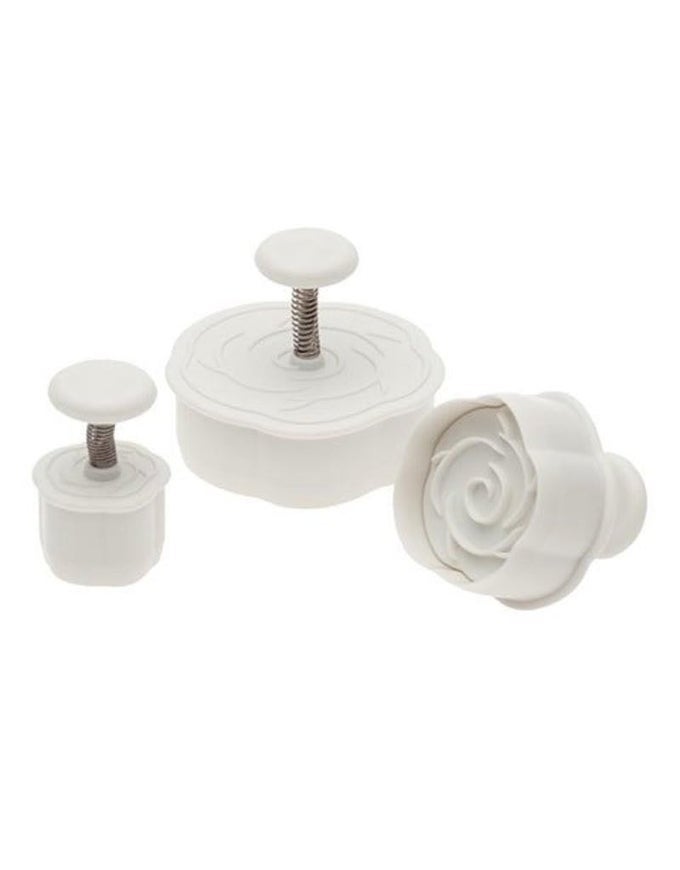 ROSE PLUNGER CUTTERS SET OF 3 SIZES FOR CUTTING DECORATIONS DIRECT EMBOSSING SPRINGLOADED HANDLE FOOD SAFE PLASTIC